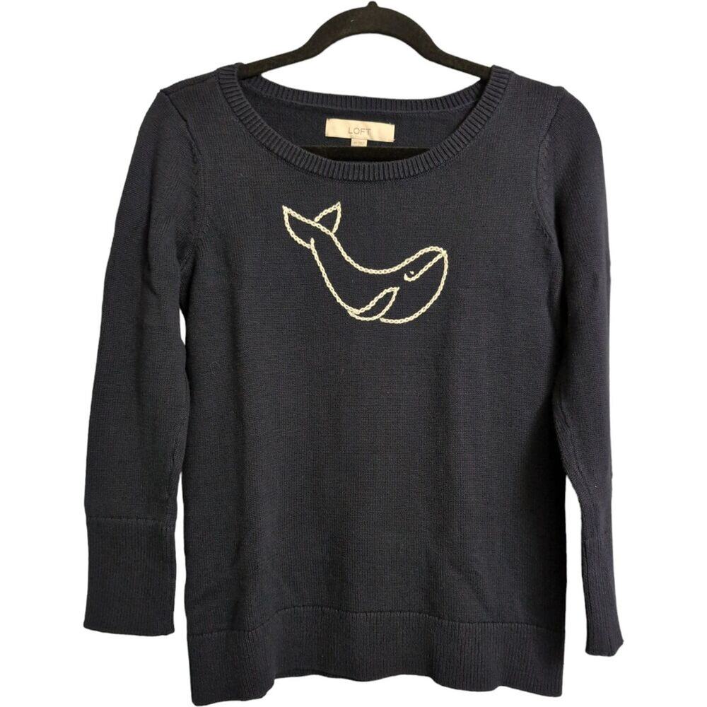 LOFT Navy Whale Embroidered Crewneck Long Sleeve Knit Cotton Sweater Size XS